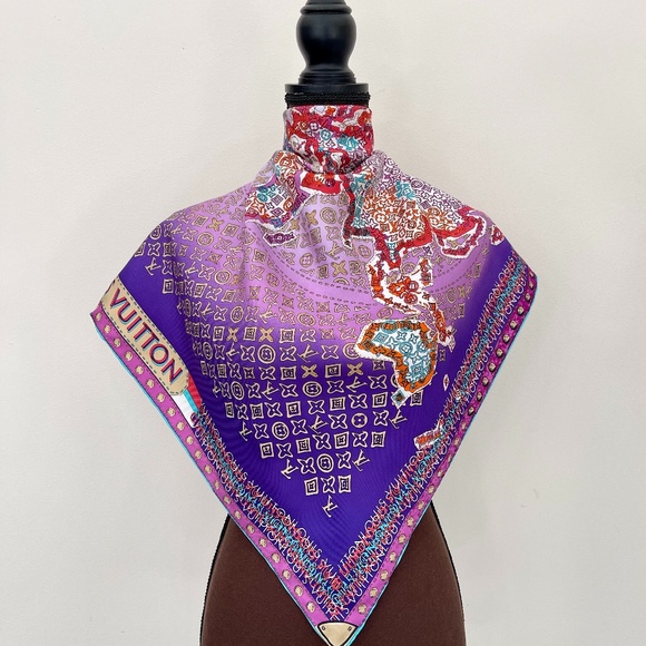 Display # 1 Louis Vuitton Monogram Map Square Purple Silk Scarf - Picture 3 of 16